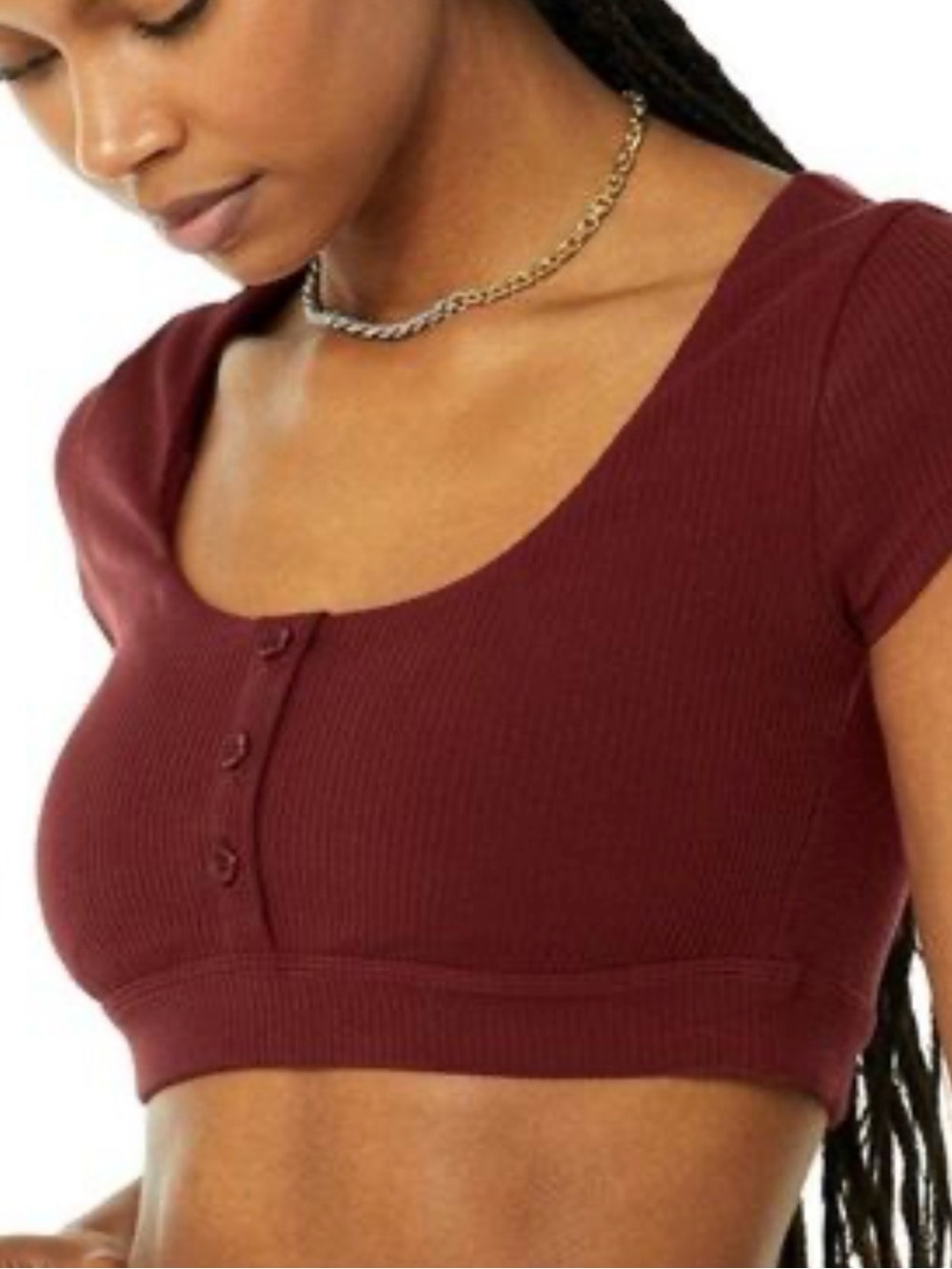 Alo Yoga Ribbed Button Front Cropped Athletic Top Bra Burgundy Wine Red Size S - Picture 1 of 10